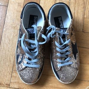 Golden Goose gold glitter sneakers , size 38 .